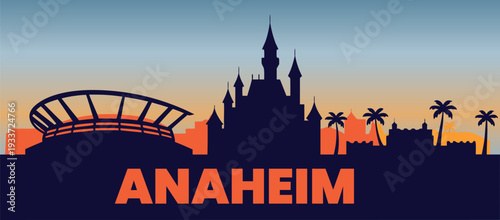 Anaheim cityscape silhouette featuring a fairy-tale castle and a stadium landmark.