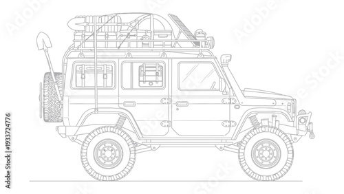 Off-Road Vehicle Preparation: Detailed line drawing of an off-road vehicle, fully equipped and ready for adventure.