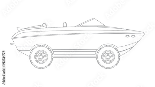 Boat Car Hybrid in Sketch: A unique hybrid vehicle, blending the form of a boat and the function of a car. Illustrated with clean lines and showcasing an innovative mode of transport.