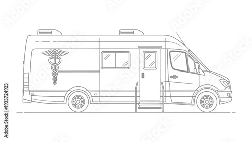 Medical Transport Vehicle : A detailed side view of an ambulance is depicted, showcasing its design and intended use for medical purposes.