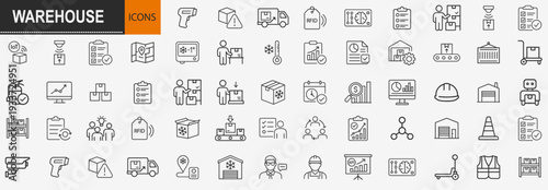 Warehouse and logistics icons set, outline symbols for inventory management supply chain distribution and storage vector illustration