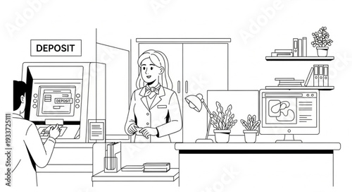 Woman Working at Bank Counter.