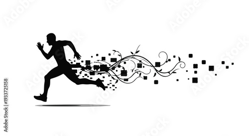 Dynamic silhouette of a runner dissolving into abstract digital particles and organic shapes, symbolizing speed and transformation.