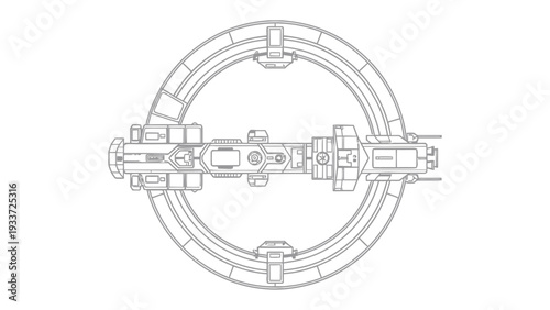 Cybernetic Nexus: A detailed schematic illustration of a futuristic spacecraft, presenting an intricate design and technological marvel.