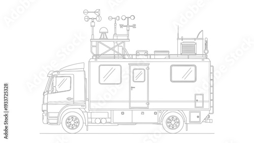 Mobile Weather Station: A detailed line drawing showcases a mobile weather station, equipped with various sensors and instruments, designed to collect crucial environmental data.
