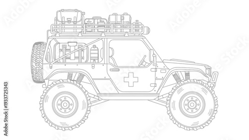 Adventure Mobile: A rugged off-road vehicle, fully equipped for exploration, ready to navigate challenging terrains, symbolizing resilience and the spirit of adventure.
