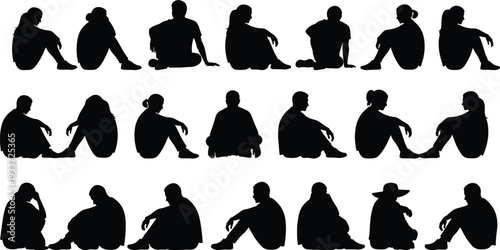 Black silhouette collection of people sitting on floor, men and women in sad, thoughtful, or lonely poses, mental health icons