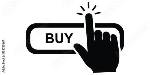 Buy button icon, black white illustration, hand pressing, e-commerce motif, shopping symbol, digital purchase, online retail artwork, decorative design, flat vector drawing