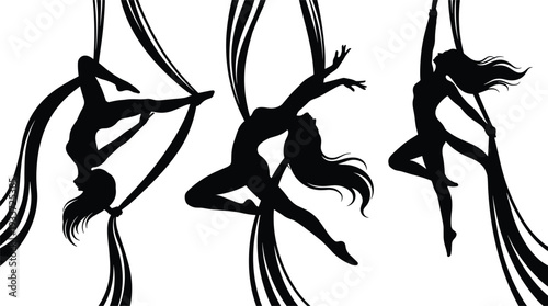 Black silhouettes of graceful aerial silk dancers, set of acrobatic women performing circus gymnastic poses isolated on white background for design,
