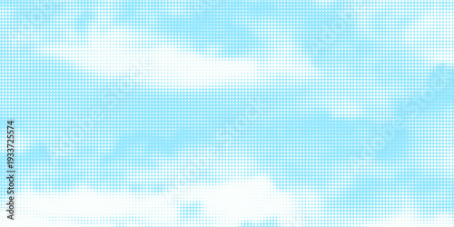 Dotted comic cloud background. White halftone clouds in sky. Pop art heaven wallpaper for banner, brochure, collage, poster, leaflet. Pixelated smoke, smog or fog texture. Vector illustration