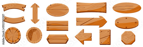 Cartoon game UI wooden signs set, multiple shapes curved banner, directional arrow, oval plaque, cracked plank, natural wood texture with grain lines, soft shadows, flat illustration style