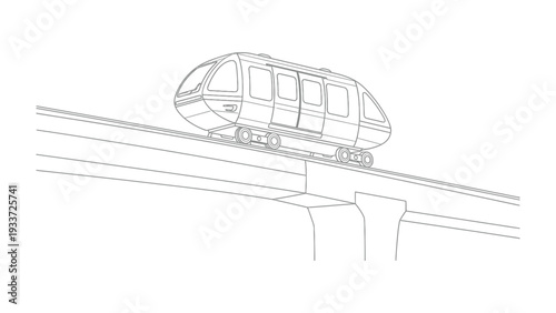 Monorail in Transit: An isolated line drawing showcases a modern monorail traversing an elevated track, symbolizing efficient and contemporary public transit.