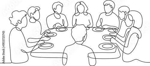 Group of people sitting around a table with plates and utensils in a minimalist line style eating