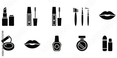 Cosmetic makeup icon set, black white illustration, lipstick mascara brushes, lips nail polish, perfume bottle artwork, beauty motif, decorative design, flat vector drawing