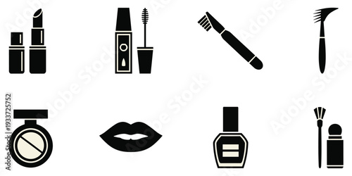 Cosmetic tools icon, makeup accessories silhouette, beauty product vector, fashion illustration, glamour design, personal care graphic, stylish logo, flat vector illustration