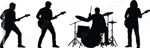 Silhouette, band, music, musician, concert, rock, performance, stage, drummer, guitarist, guitar, bass, instrument, entertainment, artist
