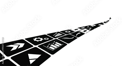 Digital pathway of icons leading towards a bright future, representing technology and progress.