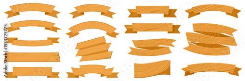 Flat cartoon wooden banner set, curved and straight planks, light orange wood texture, minimal shading, vector.