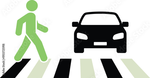 Green walking person and black car at a pedestrian crossing