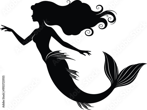 Black Silhouette of Beautiful Mermaid with Long Curly Hair and Graceful Tail Swimming Isolated on a Plain White Background, Fantasy