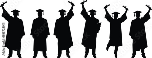 Black Silhouette Set of Graduate Students Wearing Gowns and Mortarboards Holding Diplomas Celebrating Graduation Isolated on a Plain White Background