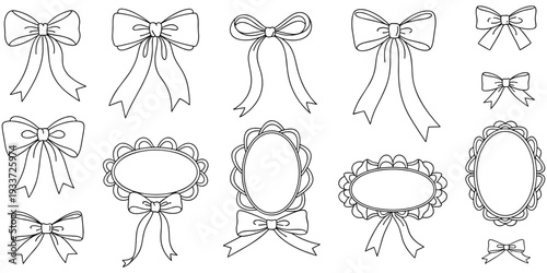 Decorative bows ornate frames illustration, black white line art, ribbon motif, scalloped border design, vintage artwork, crafting embellishment, decorative motif, flat vector drawing