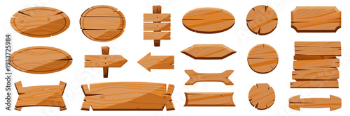 Set of fantasy game wooden signboards, cartoon vector style, oval round sign, ribbon banner, cracked wooden plank, arrow direction sign, light and dark brown wood grain, UI design elements