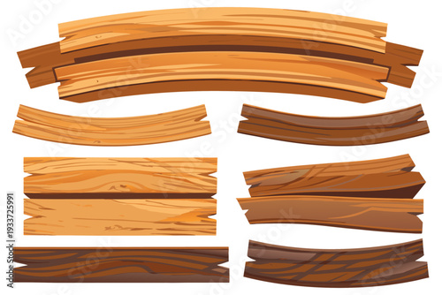 Set of wooden ribbon boards, orange-brown planks, minimal detail, clean illustration.
