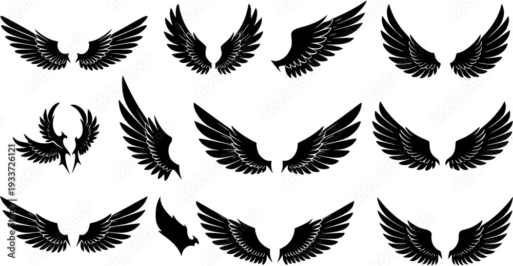 Fototapeta premium Collection of Black Wings Silhouettes: Angel, Bird, Eagle, Isolated Vector Icons