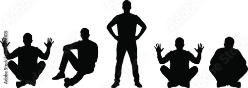 Black Silhouette Set of Diverse Men Sitting Cross Legged and Standing with Hands on Hips Isolated on a White Background