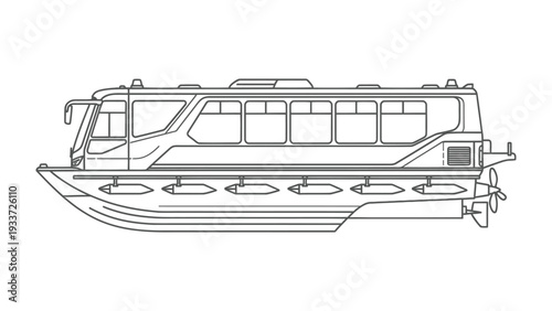 Water Bus Illustration: A detailed black and white illustration of a modern water bus, showcasing its sleek design and functionality.