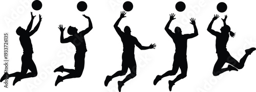 Black Silhouette Set of Volleyball Players Jumping and Spiking Ball Male and Female Athletes Action Poses Isolated on White Background