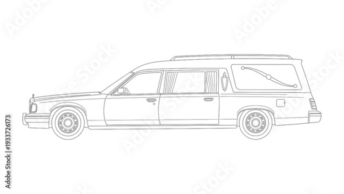 Elegant Hearse Sketch: A detailed line drawing showcases a classic hearse, a symbol of solemnity and tradition, ready to provide dignified transport.