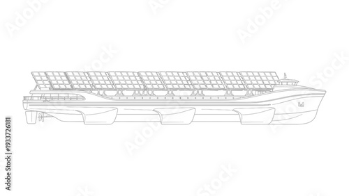 Solar Powered Ferry: A sleek and modern ferry boat glides across the water, its roof adorned with an array of solar panels. A symbol of sustainable transport and eco-friendly travel.