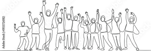 Group of people with raised arms in a celebratory pose in a line formation celebration