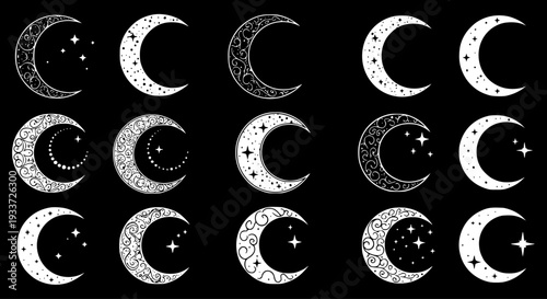 Crescent Moon Vector Icons Set: Celestial Designs for Astrology, Mysticism, and Spiritual Themes