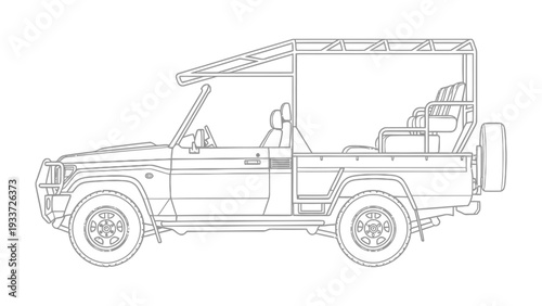 Safari Vehicle Illustration: Side view of a rugged safari vehicle, designed for off-road exploration and wildlife observation, showcasing its open-top design and durable construction.