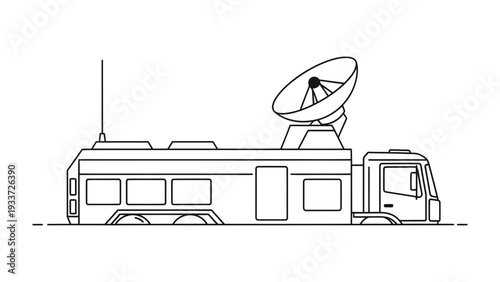 Mobile Satellite Truck Illustration: A detailed outline of a mobile satellite truck, complete with antenna, dish, and intricate mechanical detailing.