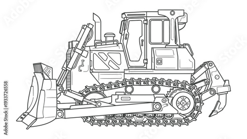 Construction Bulldozer illustration: A detailed line drawing of a powerful construction bulldozer, showcasing its robust design and heavy-duty capabilities
