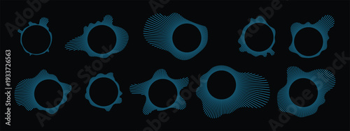 Abstract blue radial wave icon set. Circular sound frequency, voice assistant, and digital technology signal symbol. Vector Illustration.
