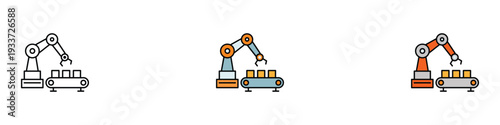 Industrial robotic arm icon set. Smart factory automation and manufacturing technology symbol. Vector Illustration.