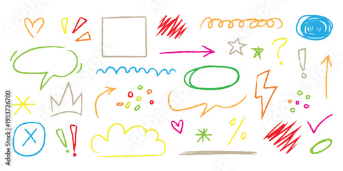 Colorful hand drawn marker doodle set. Sketchy speech bubbles, arrows, hearts, and stars for creative design and annotation.