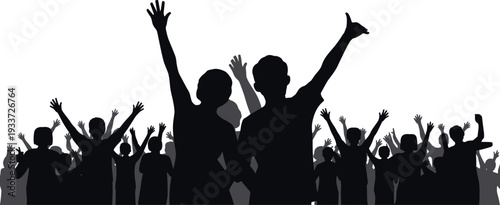 Cheering crowd silhouette illustration, people raising arms artwork, celebration unity design, concert rally excitement graphic, collective joy symbol