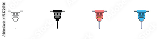 Jackhammer power tool icon set. Pneumatic drill symbol for construction, demolition, and road work. Vector Illustration.