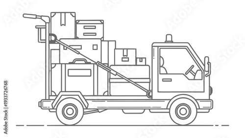 Moving Truck with Luggage: A detailed line drawing shows a compact moving truck laden with boxes and luggage, capturing the essence of relocation and transport.