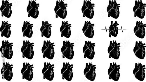 Black Silhouettes of Anatomical Human Hearts Pattern on White Background, featuring a unique heart with an ECG heartbeat line, ideal for medical and health designs.