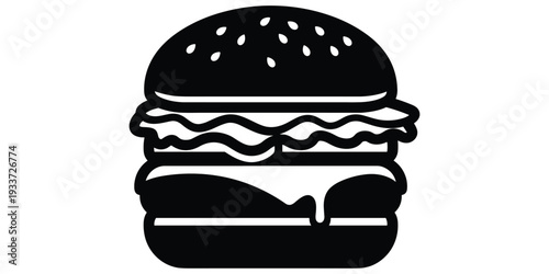 Hamburger icon, fast food symbol, burger silhouette, restaurant menu design, snack illustration, cheeseburger graphic, food logo, flat vector illustration