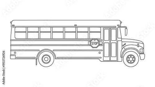 School Bus: A detailed black and white illustration of a classic school bus, captured from a side perspective.