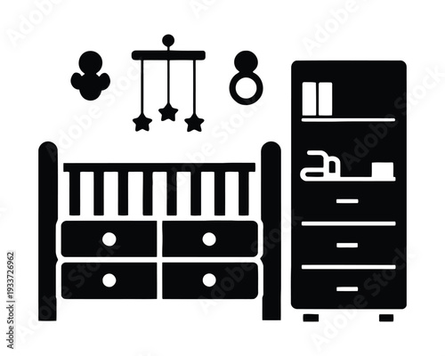 Baby silhouette Black and white minimalist nursery furniture set with crib dresser and mobile changing table