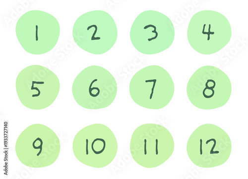 ラフな円形の数字アイコン　手描き風　グリーン